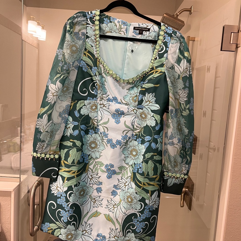 Boston Proper Green and Blue Floral Long Sleeve Dress